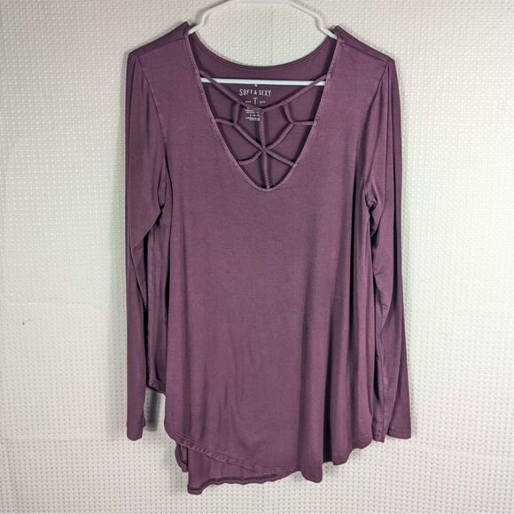 American Eagle Soft & Sexy L Purple Long Sleeve Strappy Viscose Stretch Top - Picture 1 of 5